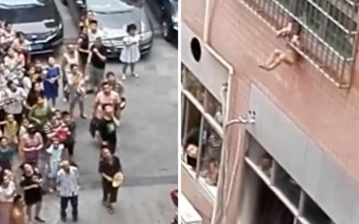 Δίχρονο παιδί να κρέμεται από τα κάγκελα παραθύρου – Προσπαθούν να το σώσουν οι γείτονες (βίντεο)